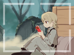 Rule 34 | 1girl, bad id, bad pixiv id, black footwear, book, boots, brown eyes, brown hair, closed mouth, crate, from side, grey jumpsuit, gundam, hands up, holding, holding book, idolmaster, idolmaster cinderella girls, jumpsuit, knees up, long sleeves, morikubo nono, open book, outdoors, profile, ringlets, sitting, smile, solo, tree, uccow, viewfinder