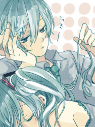 Rule 34 | 1boy, 1girl, close-up, closed mouth, dual persona, closed eyes, genderswap, genderswap (ftm), hand on own cheek, hand on own face, hatsune miku, hatsune mikuo, looking at another, necktie, patterned background, polka dot, polka dot background, sleeping, upper body, vocaloid, yamako (state of children)