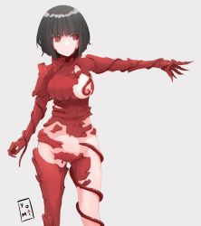 Rule 34 | 1girl, absurdres, artist name, benisuzume (gauna), breasts, brown hair, expressionless, gluteal fold, groin, highres, large breasts, nipples, one breast out, outstretched arm, red eyes, sidonia no kishi, signature, solo, tent, tentacles, thighs, white background, yushomiart