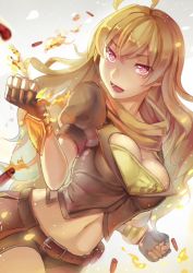 Rule 34 | 1girl, ahoge, bad id, bad pixiv id, belt, blonde hair, breasts, bullet, cleavage, fingerless gloves, fire, gauntlets, gloves, long hair, midriff, open mouth, purple eyes, rwby, shorts, solo, walzrj, weapon, yang xiao long
