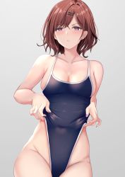 Rule 34 | 1girl, abi (abimel10), blue one-piece swimsuit, blush, breasts, brown hair, cleavage, commentary request, grey background, hair ornament, hairpin, highres, higuchi madoka, idolmaster, idolmaster shiny colors, looking at viewer, mole, mole under eye, nail polish, one-piece swimsuit, open mouth, pink nails, purple eyes, school swimsuit, short hair, solo, swimsuit, teeth, unfinished, v-shaped eyebrows