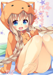 Rule 34 | 1girl, :d, animal hood, asa no ha (awayuki), ass, barefoot, blonde hair, blue eyes, blush, braid, cover, cover page, feet, highres, hood, long hair, navel, no panties, open mouth, original, sitting, smile, soles, solo, thick thighs, thighs, toes, twin braids