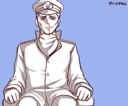 Rule 34 | 10s, 1boy, a9b (louis814), admiral (kancolle), blood, hat, kantai collection, male focus, military, military hat, military uniform, nosebleed, peaked cap, simple background, sitting, smile, solo, twitter username, uniform