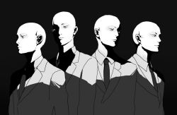 Rule 34 | 4boys, bald, black background, blending, contrast, formal, greyscale, high contrast, male focus, monochrome, multiple boys, necktie, original, re:i, shaded face, side-by-side, simple background, suit