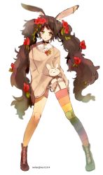 Rule 34 | 1girl, animal ears, artist name, asymmetrical legwear, black choker, boots, brown footwear, chain, choker, commentary request, flower, full body, garter straps, green eyes, hair flower, hair ornament, highres, long hair, long sleeves, looking at viewer, mismatched legwear, open mouth, original, panties, rabbit, rabbit ears, rainbow legwear, red flower, shirt, shirt under sweater, simple background, solo, sweater, thighhighs, twice12314, twintails, twitter username, underwear, very long hair, white background, white panties, white shirt, yellow thighhighs, zettai ryouiki