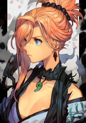 Rule 34 | 1girl, black scarf, blue eyes, breasts, cleavage, earrings, fate/samurai remnant, fate (series), hair ornament, hungry clicker, japanese clothes, jewelry, kimono, magatama, magatama necklace, medium breasts, miyamoto musashi (fate), necklace, orange hair, ponytail, scarf, solo, swept bangs