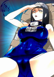 Rule 34 | 1girl, alternate costume, arm up, black hair, blue one-piece swimsuit, blunt bangs, blush, breasts, cameltoe, chair, character name, colorized, covered navel, forehead protector, grey eyes, headband, hyuuga hinata, large breasts, lounge chair, name tag, naruto, naruto (series), nipples, no pupils, one-piece swimsuit, panties, pierre norano, school swimsuit, shading eyes, skin tight, solo, spread legs, swimsuit, third-party edit, underwear, wet, wet clothes, wet panties, wet spot