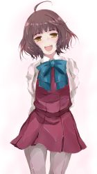Rule 34 | 1girl, ahoge, blue bow, blue bowtie, blunt bangs, bow, bowtie, brown hair, commentary request, cowboy shot, dress, grey pantyhose, kantai collection, kishinami (kancolle), long sleeves, looking at viewer, open mouth, pantyhose, pleated dress, purple dress, school uniform, seamed legwear, shirt, short hair, side-seamed legwear, simple background, smile, solo, wavy hair, white background, white shirt, yellow eyes, yumesato makura