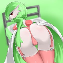 Rule 34 | 1girl, animal, ass, bad id, bad pixiv id, bed, blanket, blurry, blush, breasts, cameltoe, cleft of venus, colored skin, creatures (company), depth of field, dress, eyebrows, game freak, gardevoir, garter straps, gen 3 pokemon, green background, green hair, image sample, looking back, medium breasts, nintendo, no mouth, panties, pillow, pixiv sample, pointy ears, pokemon, pokemon (creature), pussy, red eyes, sa-najin, short hair, simple background, solo, thighhighs, thong, underwear, white skin