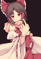Rule 34 | 1girl, ascot, bad id, bad twitter id, bare shoulders, black hair, blush, bow, cowboy shot, detached sleeves, hair bow, hair tubes, hakurei reimu, long hair, long sleeves, looking at viewer, maremay0513, middle finger, nontraditional miko, red bow, red eyes, red shirt, red skirt, ribbon-trimmed sleeves, ribbon trim, scarf, shirt, skirt, skirt set, sleeveless, sleeveless shirt, solo, striped clothes, striped scarf, touhou, wide sleeves