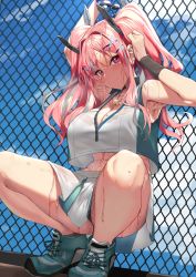 Rule 34 | 1girl, adjusting hair, arm up, armpits, azur lane, blouse, blue sky, blush, breasts, bremerton (azur lane), bremerton (scorching-hot training) (azur lane), chain-link fence, cleavage, closed mouth, commentary request, crop top, crop top overhang, day, ear piercing, earrings, fence, green footwear, hair between eyes, hair ornament, head tilt, heart, heart necklace, highres, jewelry, large breasts, midriff, mole, mole under eye, multicolored hair, multiple earrings, necklace, piercing, pink hair, pouring, pouring onto self, red eyes, see-through, shirt, sidelocks, sitting, skirt, sky, sleeveless, sleeveless shirt, smile, sportswear, squatting, streaked hair, sweat, tennis uniform, thighs, two-tone shirt, two-tone skirt, two side up, wet, wet clothes, wet shirt, white skirt, wristband, x hair ornament, yappen