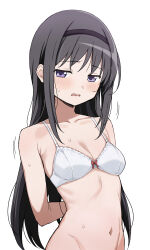 Rule 34 | 1girl, akemi homura, armpit crease, arms behind back, bare shoulders, black hair, black hairband, blue eyes, blush, bra, breasts, cleavage, commentary request, embarrassed, hairband, highres, kinoshico, long hair, looking at viewer, mahou shoujo madoka magica, mahou shoujo madoka magica (anime), navel, open mouth, simple background, small breasts, solo, stomach, sweat, underwear, white background, white bra