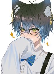 Rule 34 | 1boy, animal ears, antenna hair, blue bow, blue bowtie, blue hair, bow, bowtie, brown hair, cat ears, collared shirt, cooltg2, dress shirt, earrings, eyewear strap, glasses, green eyes, highres, ike eveland, jewelry, kemonomimi mode, looking at viewer, male focus, multicolored eyes, multicolored hair, nijisanji, nijisanji en, nose, shirt, short hair, simple background, sleeves past fingers, sleeves past wrists, solo, sparkle, virtual youtuber, white background, yellow eyes