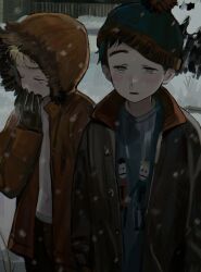 Rule 34 | 2boys, animification, beanie, black hair, blonde hair, breath, brown jacket, child, cuf nayl, fur hat, gloves, half-closed eyes, hat, highres, hood, hooded coat, jacket, kenny mccormick, male focus, multiple boys, navel, open mouth, snot, snow, south park, stan marsh, terrance &amp; philip