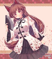 Rule 34 | 1girl, alternate costume, animal ears, black skirt, blush, breasts, brown eyes, brown hair, chinese clothes, closed mouth, commentary request, cowboy shot, floral print, folding fan, frilled skirt, frilled sleeves, frills, hand fan, highres, holding, holding fan, imaizumi kagerou, kemo chiharu, long hair, long sleeves, looking at viewer, mandarin collar, meandros, medium bangs, medium breasts, octagram, print shirt, shirt, skirt, smile, solo, tail, tangzhuang, touhou, white shirt, wolf ears, wolf girl, wolf tail