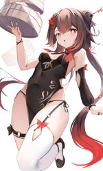 Rule 34 | 1girl, :o, absurdres, alternate costume, baozi, berserker r, black dress, black nails, breasts, brown hair, china dress, chinese clothes, cone hair bun, covered navel, detached sleeves, dress, flower, flower-shaped pupils, food, garter straps, genshin impact, gradient hair, hair bun, hair flower, hair ornament, highres, holding, holding plate, hu tao (genshin impact), jewelry, long hair, looking at viewer, multicolored hair, multiple rings, nail polish, open mouth, panties, panty peek, pelvic curtain, plate, red eyes, red hair, ring, side-tie panties, side slit, single detached sleeve, single garter strap, single thighhigh, small breasts, solo, symbol-shaped pupils, thigh strap, thighhighs, thighs, twintails, underwear, very long hair, white thighhighs
