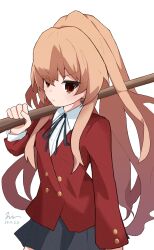 Rule 34 | 1girl, aisaka taiga, black ribbon, black skirt, blazer, bokken, brown hair, buttons, closed mouth, collared shirt, commentary, cowboy shot, dated, double-breasted, hand up, highres, holding, holding sword, holding weapon, jacket, ko su kaa, light blush, long hair, long sleeves, looking to the side, neck ribbon, oohashi high school uniform, pleated skirt, red eyes, red jacket, ribbon, school uniform, shirt, signature, simple background, skirt, solo, sword, toradora!, very long hair, weapon, white background, white shirt, wooden sword