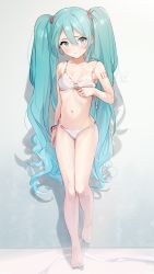 Rule 34 | 1girl, absurdres, almic, aqua eyes, aqua hair, bare arms, bare shoulders, barefoot, bra, bracelet, breasts, collarbone, commentary request, feet, frown, full body, hair ornament, hatsune miku, highres, jewelry, long hair, looking at viewer, medium breasts, nail polish, navel, panties, shoulder tattoo, solo, standing, standing on one leg, stomach, tattoo, thighs, toenail polish, toenails, toes, twintails, underwear, underwear only, very long hair, vocaloid, white bra, white panties