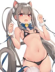 Rule 34 | 1girl, absurdres, animal ear fluff, animal ears, bell, bikini, black bikini, blush, bow, bowtie, breasts, cat ear bikini, cat ears, cat girl, cat tail, cowboy shot, detached collar, fang, fur collar, grey hair, highres, jingle bell, kamifumi, long hair, looking at viewer, multiple tails, navel, neck bell, nekomata, open mouth, original, paw pose, red eyes, ribbon, side-tie bikini bottom, sidelocks, simple background, skin fang, skindentation, small breasts, solo, swimsuit, tail, thighhighs, twintails, two tails, very long hair, white background, white thighhighs, wrist cuffs, wrist ribbon