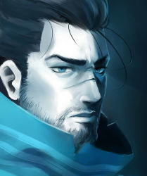 Rule 34 | 1boy, beard, blue eyes, blue shirt, burythekidd, close-up, closed mouth, facial hair, forehead, gradient background, highres, league of legends, male focus, mustache, scar, scar on face, scar on nose, serious, shaded face, shirt, simple background, solo, thick eyebrows, yasuo (league of legends)