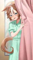 Rule 34 | 1girl, alternate costume, aqua eyes, bamboo memory (umamusume), beret, blush, brown hair, collared dress, curtains, dated, dress, ears down, green dress, hair between eyes, hat, highres, horse girl, horse tail, indoors, mirror, motsushi, multicolored hair, open mouth, peeking out, puffy short sleeves, puffy sleeves, raised eyebrows, short hair, short sleeves, solo, standing, streaked hair, sweat, tail, twitter username, umamusume, watermark, wavy mouth, yellow hat