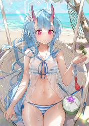 Rule 34 | 1girl, :o, bare arms, beach, bikini, blue archive, blue hair, blush, breasts, chair, chise (blue archive), chise (swimsuit) (blue archive), coconut, cowboy shot, crab, day, dema hmw, drink, drinking straw, flower, groin, hair flower, hair ornament, halo, hand up, highres, horns, legs together, long hair, looking away, navel, ocean, on chair, oni, oni horns, outdoors, palm tree, parted lips, purple flower, red eyes, sailor collar, see-through, sitting, small breasts, solo, sparkle, stomach, striped bikini, striped clothes, sunlight, swimsuit, tree, two-tone bikini, very long hair, water, wet, white flower, white sailor collar, wristband