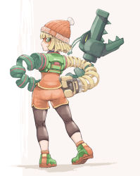 Rule 34 | 1girl, arms (game), ass, beanie, black pantyhose, blonde hair, blunt bangs, bob cut, boxing gloves, chinese clothes, crop top, domino mask, dragon, dragon (arms), eastern dragon, food, from behind, full body, green eyes, green shirt, hands on own hips, hat, kneepits, knit hat, leggings, leggings under shorts, looking back, looking down, looking to the side, mask, min min (arms), noodles, orange hat, orange shirt, orange shorts, pantyhose, parted lips, pota (nabrinko), shadow, sharp teeth, shirt, shoes, short hair, shorts, solo, standing, teeth, tiptoes, turtleneck, undershirt