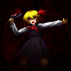 Rule 34 | 1girl, billhook, blonde hair, blood, cff, crazy, dark, embodiment of scarlet devil, female focus, hair ribbon, hashitsuki nata, hatchet, highres, kanno kengo, nata (tool), outstretched arms, red eyes, ribbon, rumia, short hair, solo, spread arms, touhou