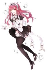 Rule 34 | 1girl, :d, annlin, apron, bad id, bad pixiv id, black dress, black footwear, black thighhighs, bow, bowtie, center frills, dress, elesis (elsword), elsword, frilled sleeves, frilled thighhighs, frills, full body, gloves, hairband, high heels, highres, holding, lolita hairband, long hair, maid, maid apron, open mouth, orange eyes, puffy short sleeves, puffy sleeves, red hair, ribbon, short sleeves, simple background, smile, solo, sparkle, thighhighs, tray, white background, white bow, wrist cuffs