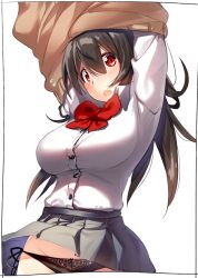 Rule 34 | 1girl, arms up, black hair, black panties, blush, bow, breasts, brown sweater, clothes lift, collared shirt, dress shirt, flying sweatdrops, grey skirt, groin, hair between eyes, highres, kei (soundcross), large breasts, long hair, looking at viewer, open mouth, original, panties, pleated skirt, red bow, red eyes, shirt, side-tie panties, skirt, skirt lift, solo, sweater, underwear, undressing, very long hair, white background, white shirt