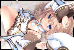 Rule 34 | 1girl, bare shoulders, blanc (neptunia), blue eyes, blush, breasts, brown hair, coat, dress, fur-trimmed coat, fur trim, hat, iwashi dorobou -r-, large breasts, long sleeves, looking at viewer, medium hair, neptune (series), open clothes, open coat, open mouth, solo, spaghetti strap, white coat, white dress, wide sleeves