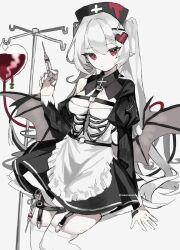 Rule 34 | 1girl, 343 (sashimi), apron, bad id, bad twitter id, bat wings, black dress, black hat, blood, blood bag, breasts, cleavage cutout, clothing cutout, dress, garter straps, hair ornament, hat, heart, heart hair ornament, highres, intravenous drip, juliet sleeves, long hair, long sleeves, looking at viewer, nurse, nurse cap, original, pixel heart, pointy ears, puffy sleeves, red eyes, ribs, sitting, small breasts, solo, syringe, thighhighs, twintails, twitter username, vampire, very long hair, white apron, white background, white hair, white thighhighs, wings, x hair ornament