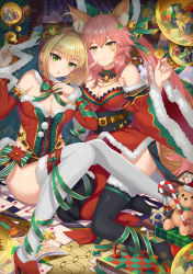 Rule 34 | 10s, 2girls, absurdres, animal ears, bell, black legwear, blonde hair, blush, bow, breasts, candy, candy cane, chess piece, chessboard, christmas, cleavage, closed mouth, envelope, fate/extra, fate/grand order, fate (series), food, fox ears, fox tail, gift, green bow, green eyes, green ribbon, hair ornament, hat, heart, high heels, highres, hongse beiyu, large breasts, long hair, looking at another, looking at viewer, multiple girls, nero claudius (bride) (fate), nero claudius (fate), nero claudius (fate) (all), parted lips, pink hair, ribbon, santa costume, santa hat, short hair, sitting, smile, star (symbol), stuffed animal, stuffed toy, tail, tamamo (fate), tamamo no mae (fate/extra), teddy bear, thighhighs, white legwear, yellow eyes