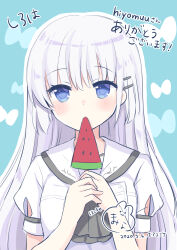 Rule 34 | 1girl, 2020, ascot, black ascot, blush, character name, commentary request, commission, dated, eyelashes, eyes visible through hair, food, hair between eyes, hair ornament, hairclip, highres, holding, holding food, holding popsicle, hoshimame mana, light blue background, long hair, looking at viewer, naruse shiroha, popsicle, puffy short sleeves, puffy sleeves, sailor collar, school uniform, shirt, short sleeves, signature, simple background, solo, straight-on, straight hair, summer pockets, upper body, very long hair, watermelon bar, white hair, white sailor collar, white shirt