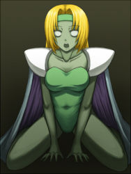 Rule 34 | 1990s (style), 1girl, arm support, armor, black background, blonde hair, breasts, cape, celes chere, collarbone, colored skin, covered navel, dark persona, final fantasy, final fantasy vi, full body, gameplay mechanics, grey skin, headband, kuroitsuki, leotard, long hair, looking at viewer, lowres, no pupils, open mouth, pauldrons, retro artstyle, saliva, shoulder armor, simple background, sitting, solo, spread legs, strapless, strapless leotard, transformation, wariza, white eyes, zombie