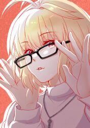 1girl absurdres adjusting_eyewear ahoge arcueid_brunestud black-framed_eyewear blonde_hair highres holding holding_removed_eyewear jewelry looking_at_viewer necklace red_eyes shimotsukishin short_hair smile sweater tsukihime tsukihime_(remake) turtleneck turtleneck_sweater unworn_eyewear upper_body white_sweater