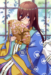 Rule 34 | 1girl, absurdres, blue eyes, blush, brown hair, closed mouth, go-toubun no hanayome, hair between eyes, hand fan, highres, holding, holding fan, japanese clothes, kimono, long hair, looking at viewer, magazine scan, megami magazine, multicolored clothes, multicolored kimono, nakano miku, official art, paper fan, scan, smile, solo, tassel, wide sleeves