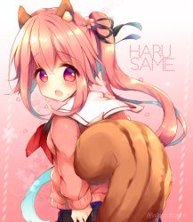 Rule 34 | 1girl, :o, animal ears, black skirt, blue hair, blush, character name, commentary request, gradient background, gradient hair, hair between eyes, haru ichigo, harusame (kancolle), highres, kantai collection, kemonomimi mode, long hair, looking at viewer, looking back, multicolored hair, neckerchief, open mouth, petals, pink background, pink hair, pink sweater, pleated skirt, red eyes, red neckerchief, sailor collar, school uniform, serafuku, side ponytail, skirt, solo, squirrel ears, squirrel girl, squirrel tail, sweat, sweater, tail, twitter username, very long hair, white background, white sailor collar