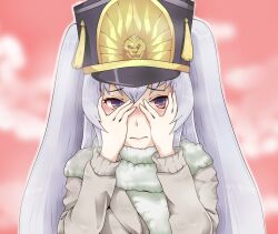 Rule 34 | 1girl, 3:, altair (re:creators), blue eyes, blush, casual, coat, covering face, embarrassed, hat, highres, keiaizenfeld, long hair, long sleeves, nose blush, pink background, re:creators, red eyes, scarf, shaded face, shako cap, solo, square pupils, two-tone eyes, upper body, white hair, white scarf
