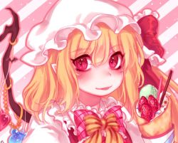 Rule 34 | 1girl, :p, blonde hair, blush, bow, bowtie, commentary, crepe, crystal, diagonal stripes, flandre scarlet, food, frilled bow, frilled ribbon, frilled shirt collar, frills, fruit, hair between eyes, hat, hat ribbon, long hair, looking at viewer, macaron, mob cap, one side up, outline, pink background, pink bow, pink bowtie, pink outline, plaid, plaid bow, pocky, pointy ears, portrait, puffy short sleeves, puffy sleeves, red eyes, red ribbon, red vest, ribbon, shan, shirt, short sleeves, smile, solo, sprinkles, strawberry, striped, striped background, striped bow, symbol-only commentary, tongue, tongue out, touhou, vest, white background, white hat, white shirt, wings, yellow bow, yellow bowtie