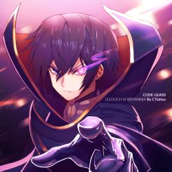 Rule 34 | 1boy, artist name, black hair, cape, character name, close-up, code geass, commentary, copyright name, ctiahao, geass, glowing, glowing eye, lelouch vi britannia, looking at viewer, male focus, pointing, pointing at viewer, purple eyes, short hair, solo