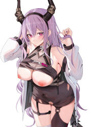 Rule 34 | 1girl, adjusting hair, arknights, asymmetrical legwear, black thighhighs, blush, breasts, cleavage, closed mouth, covered navel, hair between eyes, hand in own hair, hands in hair, hands up, highres, holding, holding hair, horns, jacket, large breasts, long hair, long sleeves, looking at viewer, mismatched legwear, nail polish, nipples, off shoulder, open clothes, open jacket, paid reward available, purple eyes, purple hair, ru zhai, see-through, see-through cleavage, simple background, solo, tail, thighhighs, typhon (arknights), very long hair, white background, white jacket, white thighhighs