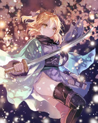 Rule 34 | 1girl, absurdres, ahoge, black scarf, black thighhighs, blonde hair, bow, cherry blossoms, closed mouth, commentary request, fate (series), glint, hair bow, highres, holding, holding weapon, japanese clothes, katana, kimono, koha-ace, light particles, okita souji (fate), okita souji (koha-ace), rioka (southern blue sky), sash, scarf, shinsengumi, short hair, short kimono, side slit, solo, sword, thighhighs, thighs, unsheathed, weapon, yellow eyes