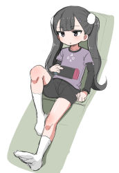 Rule 34 | 1girl, bike shorts, black eyes, black hair, character request, copyright request, kneehighs, layered shirt, long hair, nintendo switch, okayu (okayushop), reclining, simple background, sketch, socks, solo, twintails, white socks