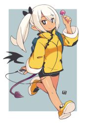 Rule 34 | 1girl, backpack, bag, bike shorts, black eyes, border, bright pupils, candy, cellphone, chinese clothes, demon tail, detached wings, earphones, female focus, food, lollipop, mawaru (mawaru), original, phone, pointy ears, ponytail, shoes, side ponytail, smartphone, smile, solo, tail, white border, white hair, white pupils, wings