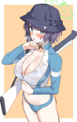 Rule 34 | 1girl, black headwear, blue archive, blue eyes, breasts, cleavage, green halo, halo, highres, large breasts, looking at viewer, navel, official alternate costume, orange background, outside border, saki (blue archive), saki (swimsuit) (blue archive), see-through, short hair, solo, super nagoyaka, sweat, thighs, two-tone background, white background