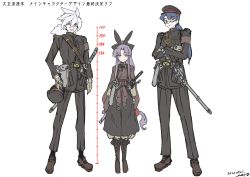 Rule 34 | 1girl, 2boys, andojing, armband, belt, black-framed eyewear, black headwear, blue eyes, blue hair, blush, boots, brown eyes, brown footwear, brown gloves, closed mouth, crossed arms, dated, eyes visible through hair, fur trim, glasses, gloves, hat, height difference, highres, holding, holding clothes, holding hat, katana, long hair, military, military uniform, multiple boys, original, parted lips, ponytail, pouch, purple hair, scabbard, sharp teeth, sheath, sheathed, signature, simple background, sketch, standing, star (symbol), sword, teeth, uniform, unworn hat, unworn headwear, very long hair, weapon, white background, white hair