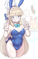 Rule 34 | ..., 1girl, animal ears, aqua bow, bandaid, bandaid on face, blonde hair, blue archive, blue bow, blue eyes, blue hairband, blue leotard, bow, breasts, bruise, bruise on face, cleavage, detached collar, domaguri, double v, fake animal ears, fake tail, grey halo, hair bow, hairband, halo, hands up, highleg, highleg leotard, highres, injury, leotard, long hair, medium breasts, official alternate costume, playboy bunny, rabbit ears, rabbit tail, solo, strapless, strapless leotard, tail, toki (blue archive), toki (bunny) (blue archive), v, white wrist cuffs, wrist cuffs