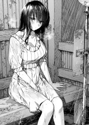 Rule 34 | 1girl, arm at side, bench, between legs, blush, breasts, bus stop, cleavage, closed mouth, collarbone, commentary request, dress, feet out of frame, fingernails, frilled dress, frilled sleeves, frills, greyscale, hair between eyes, hand between legs, highres, ice reizou, large breasts, long hair, looking at viewer, monochrome, on bench, original, outdoors, rain, road sign, sidelocks, sign, sitting, sleeves past elbows, solo, v-neck, water drop, wet, wet clothes, wet dress, wet hair