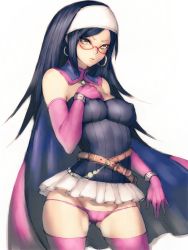 Rule 34 | 1girl, belt, black hair, blue hair, breasts, cape, contrapposto, covered erect nipples, detached collar, dragon quest, dragon quest x, earrings, elbow gloves, fumio (rsqkr), glasses, gloves, green eyes, impossible clothes, impossible shirt, jewelry, large breasts, long hair, looking at viewer, lowleg, lowleg panties, miniskirt, panties, pantyshot, pink panties, pink thighhighs, red-framed eyewear, runana (dq10), shirt, simple background, skirt, solo, standing, thighhighs, underwear, upskirt, white background